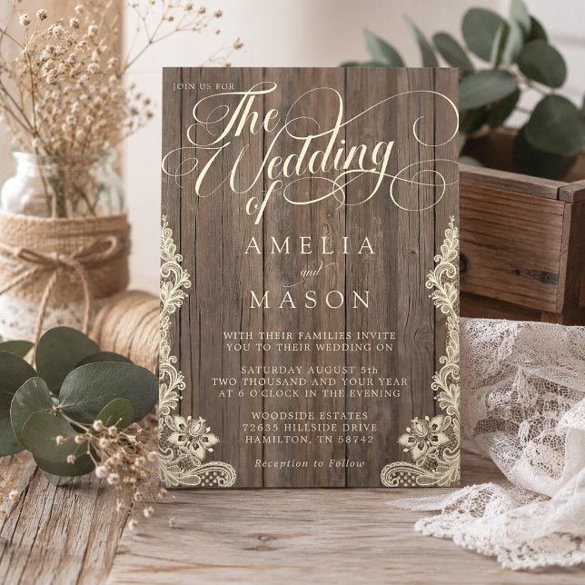 Convites Casamento Rústico com Caligrafia em Script de Rend (Lace and Wood Script Calligraphy Rustic Wedding Invitation)