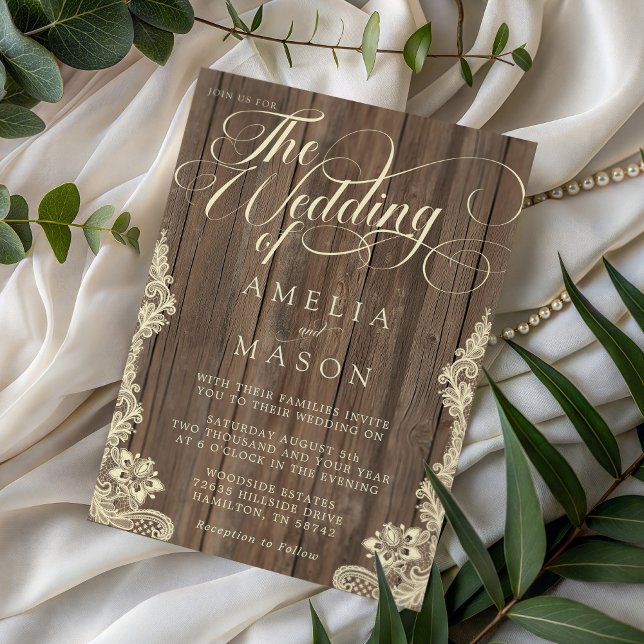 Convites Casamento Rústico com Caligrafia em Script de Rend (Lace and Wood Script Calligraphy Rustic Wedding Invitation)