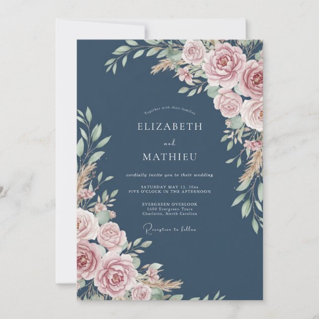 Convites Casamento Rústico com Flor de Rosa Empoeirada (Frente)