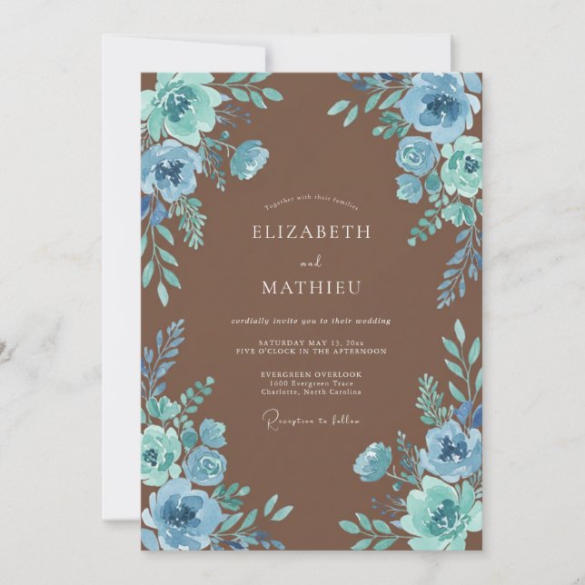 Convites Casamento Rústico com Floral Azul Empoeirado (Frente)