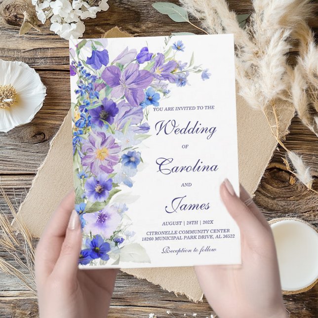 Convites Casamento Rústico com Flores Silvestres Roxas e Az (Criador carregado)