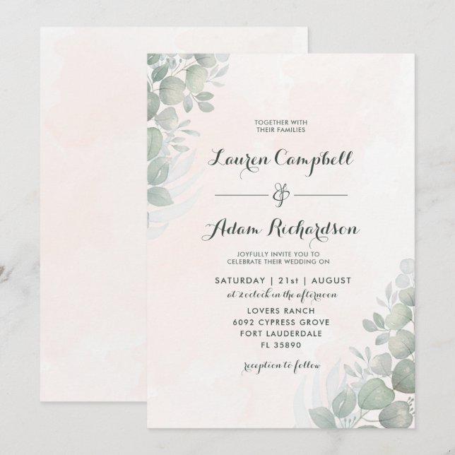 Convites Casamento Rústico com Folhagem de Eucalipto Verde  (Frente/Verso)