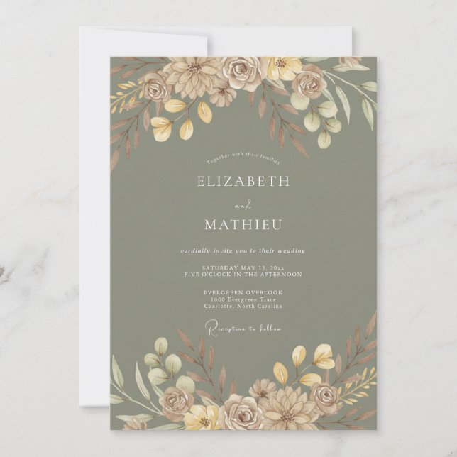Convites Casamento Rústico com Folhagem em Verde Salvia (Frente)