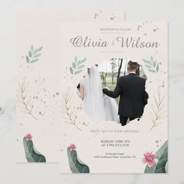 Convites Casamento Rústico com Foto Floral Moderna (Frente/Verso)