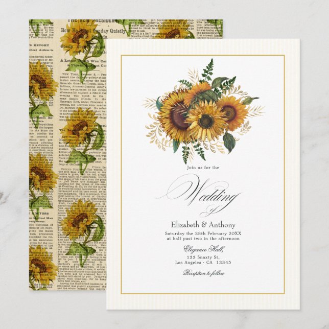 Convites Casamento Rústico com Girassol e Dourado (Frente/Verso)