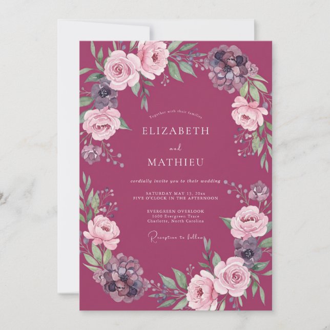 Convites Casamento Rústico com Peônia Magenta (Frente)
