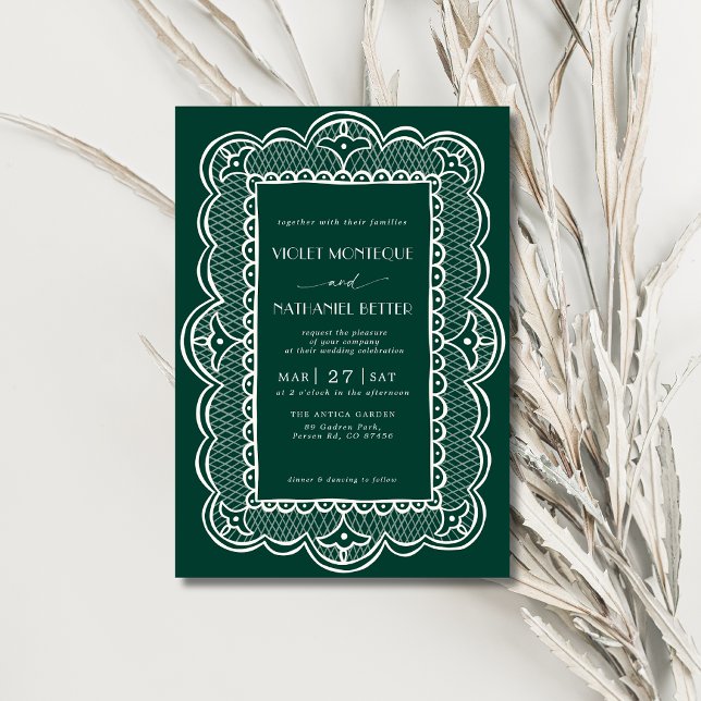 Convites Casamento Rústico com Renda Verde e Branco Old Mon (Criador carregado)