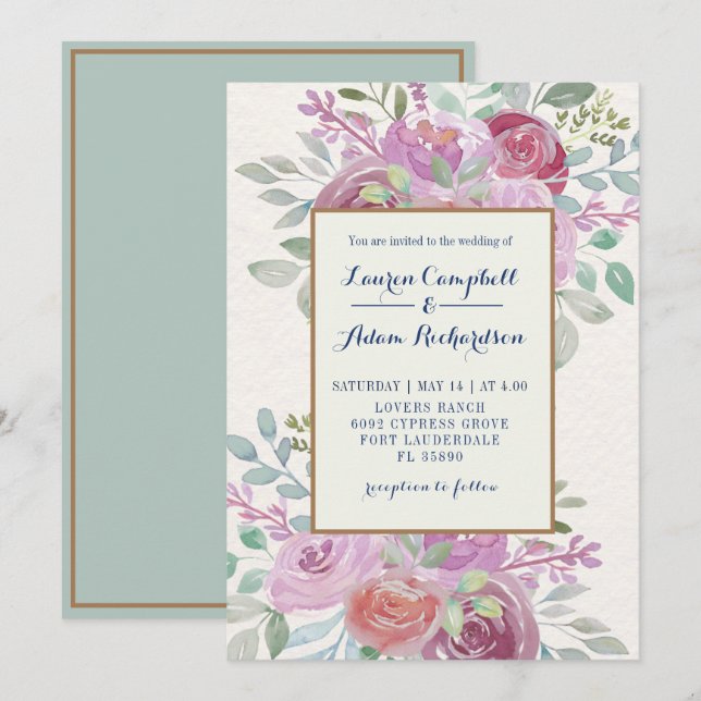Convites Casamento Rústico com Rosa Burgundy e Rosa em Aqua (Frente/Verso)