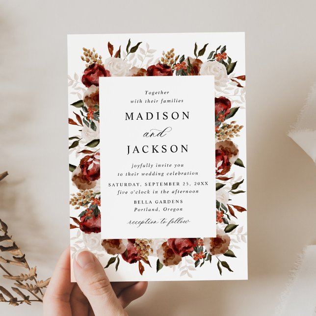 Convites Casamento Rústico com Rosas Burgundy e Marfim (Criador carregado)
