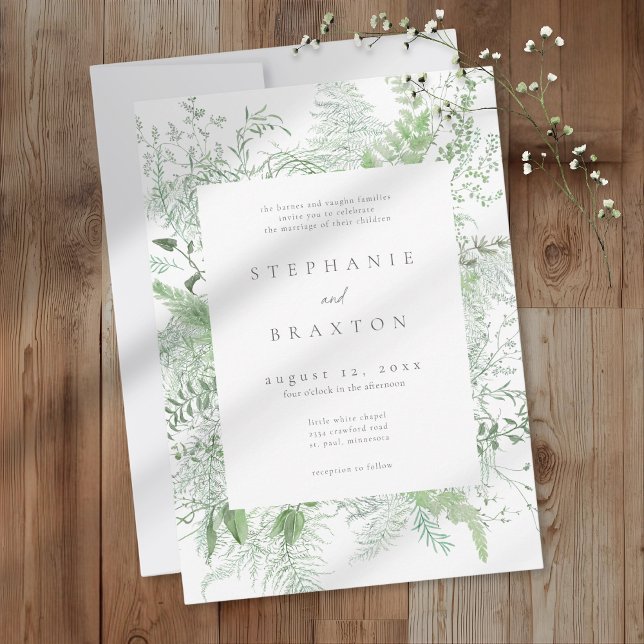 Convites Casamento Rústico com Samambaia em Aquarela (Watercolor Greenery Fern Rustic Wedding Invitation)