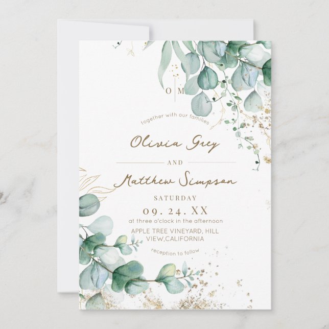 Convites Casamento Rústico com Verde Eucalipto (Frente)