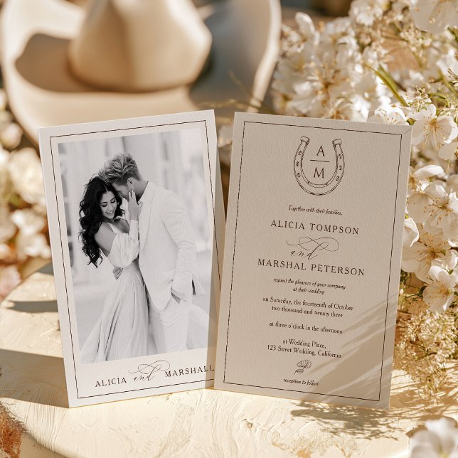 Convites Casamento Rústico Country Western Ferradura Foto (Rustic Country Western Horseshoe Photo Wedding Invitation)
