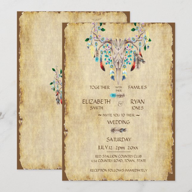 Convites Casamento Rústico, Crânio de Veado, Penas (Frente/Verso)