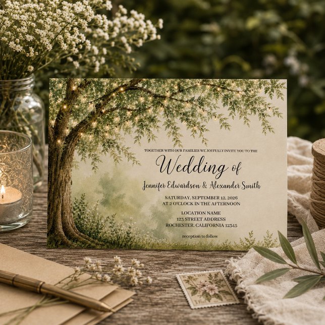Convites Casamento rústico de árvore com cordão de luzes no (Rustic tree with string of lights country wedding invitation. For your rustic country wedding.)
