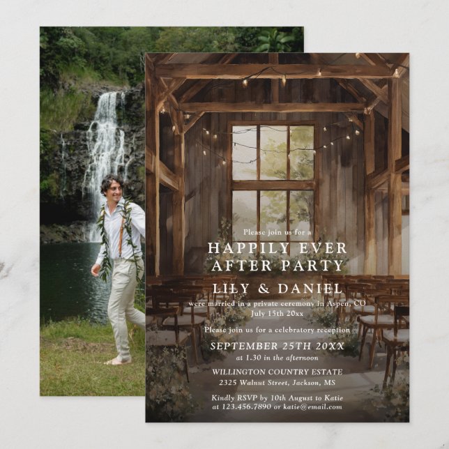 Convites Casamento Rústico de Barn Feliz para Sempre Foto (Frente/Verso)