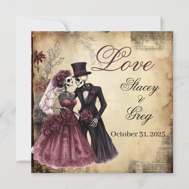 Convites Casamento Rústico de Esqueleto Gótico do Halloween (Frente)