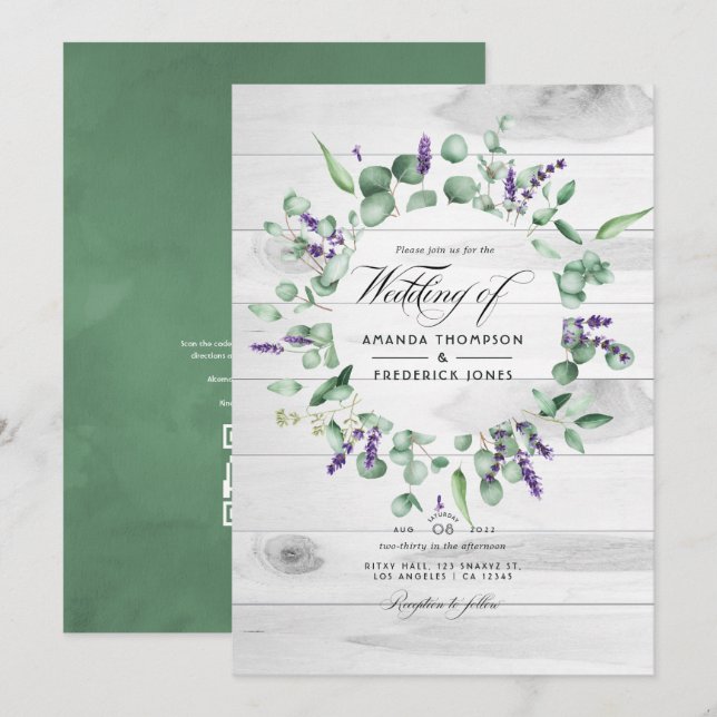 Convites Casamento Rústico de Eucalipto Lavanda em Celeiro  (Frente/Verso)
