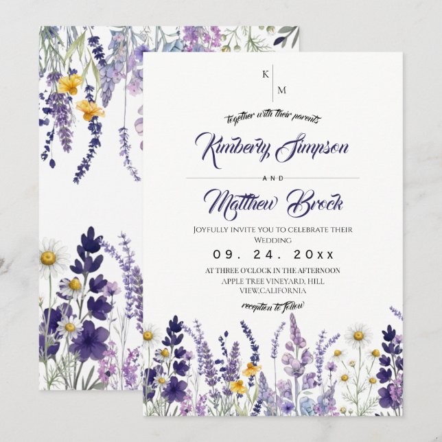 Convites Casamento Rústico de Flor Silvestre Elegante (Frente/Verso)