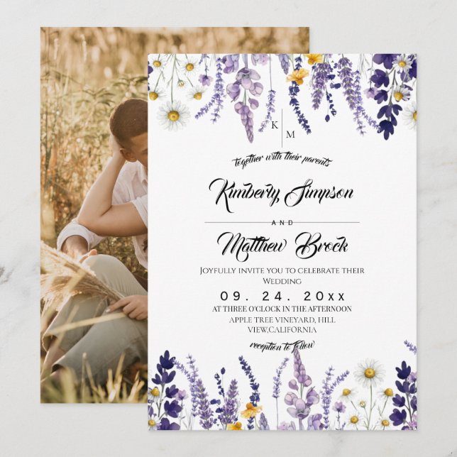 Convites Casamento Rústico de Flor Silvestre Elegante (Frente/Verso)