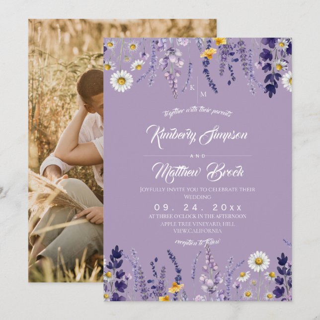 Convites Casamento Rústico de Flor Silvestre Elegante Roxa  (Frente/Verso)