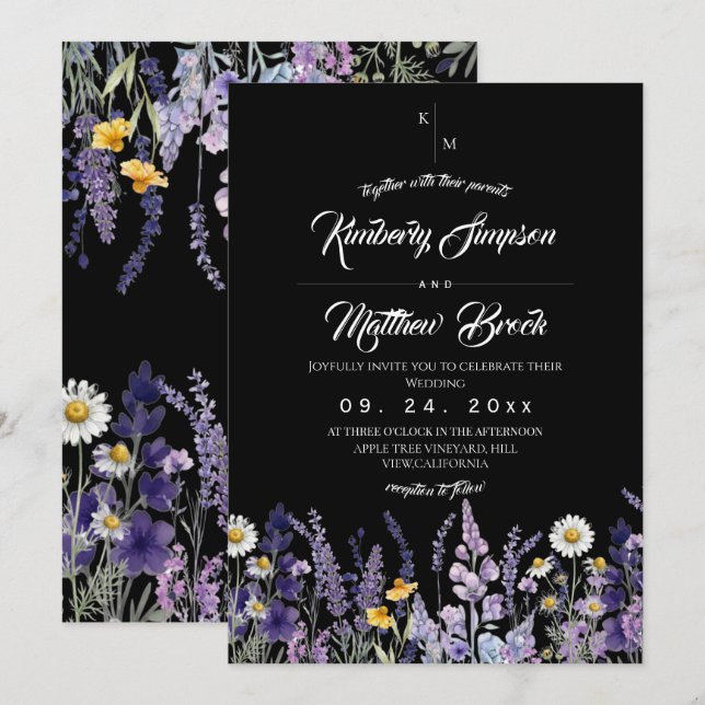 Convites Casamento Rústico de Flores Silvestres Moderno & E (Frente/Verso)