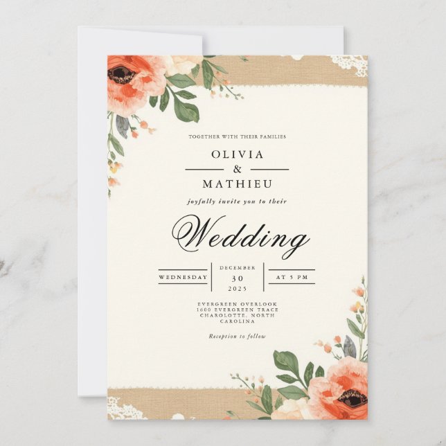 Convites Casamento Rústico de Florestas de Coral (Frente)