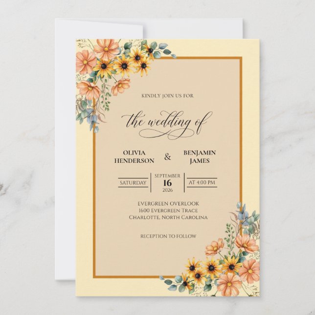 Convites Casamento Rústico de Girassóis Âmbar com Eucalipto (Frente)