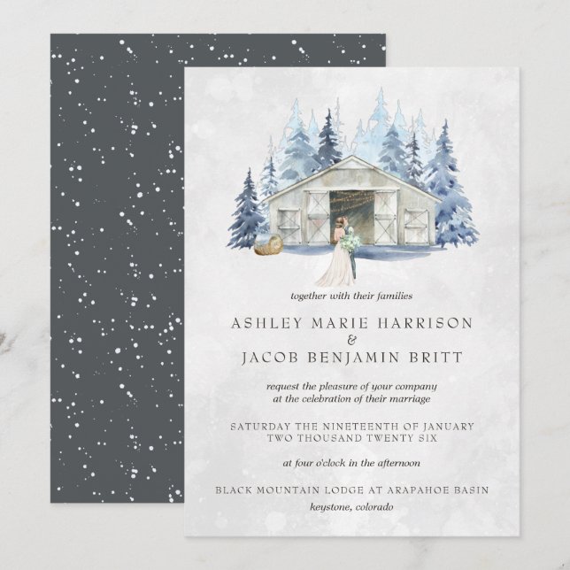 Convites Casamento Rústico de Inverno com Evergreen Barn (Frente/Verso)