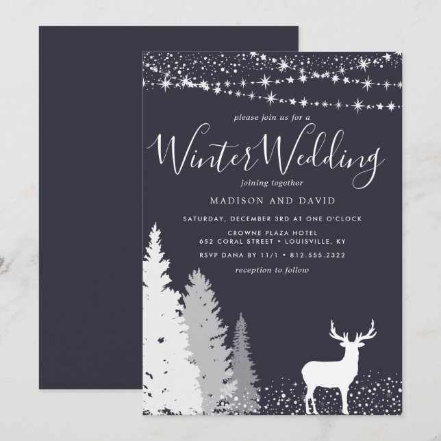Convites Casamento Rústico de Inverno com Veado na Floresta (Frente/Verso)