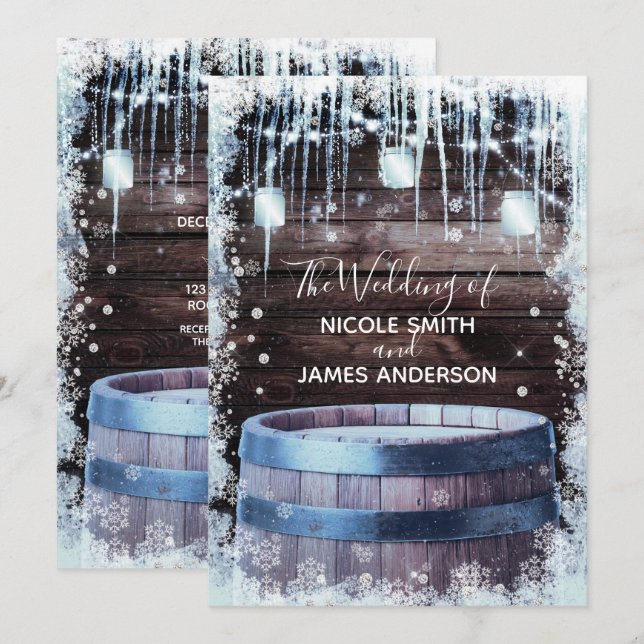 Convites Casamento Rústico de Inverno em Celeiro com Barril (Frente/Verso)