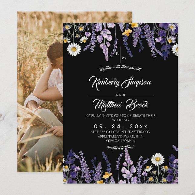 Convites Casamento Rústico de Jardim com Lavanda e Flores S (Frente/Verso)