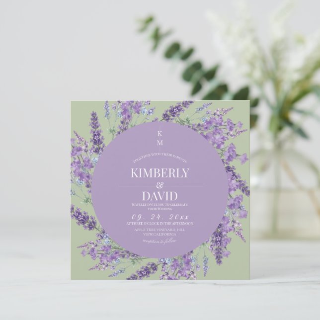 Convites Casamento Rústico de Lavanda e Salvia de Flor Silv (Em pé/Frente)