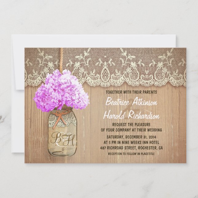 Convites casamento rústico de mason jar púrpura hydrangea (Frente)