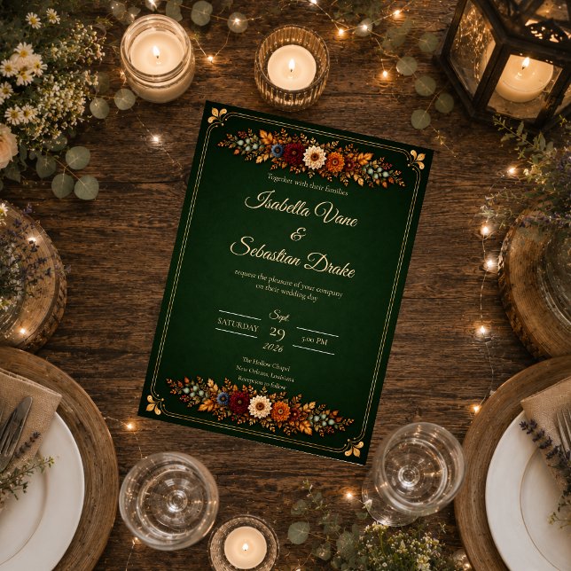 Convites Casamento Rústico de Outono com Verde Floresta (Criador carregado)