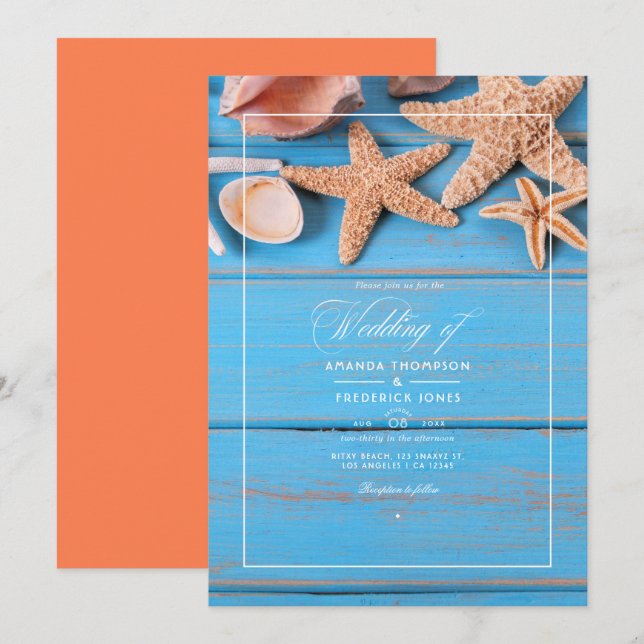 Convites Casamento Rústico de Praia com Turquesa e Coral (Frente/Verso)