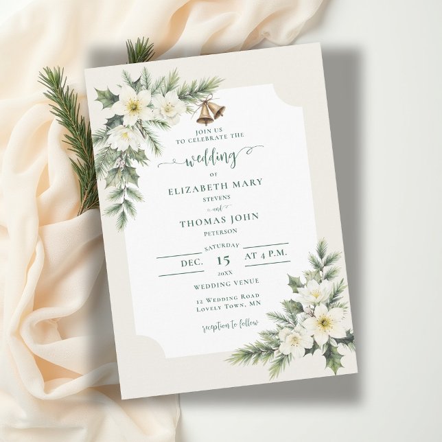 Convites Casamento Rústico de Rosas de Natal de Inverno (winter wedding invitation christmas roses bells elegant rustic frame muted green botanical floral)