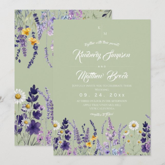 Convites Casamento Rústico de Salvia e Lavanda com Flores S (Frente/Verso)