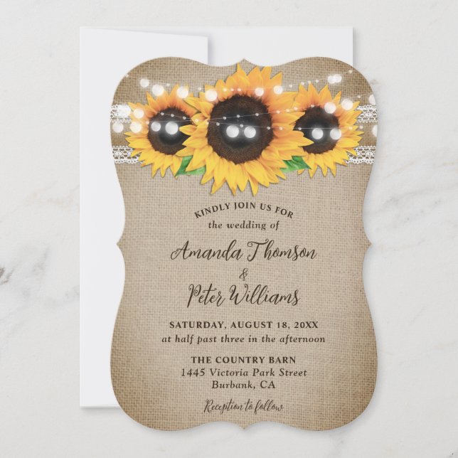 Convites Casamento Rústico de Sunflower Country Burlap (Frente)