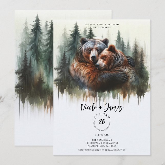 Convites Casamento Rústico de Urso de Aquarela na Selva (Frente/Verso)