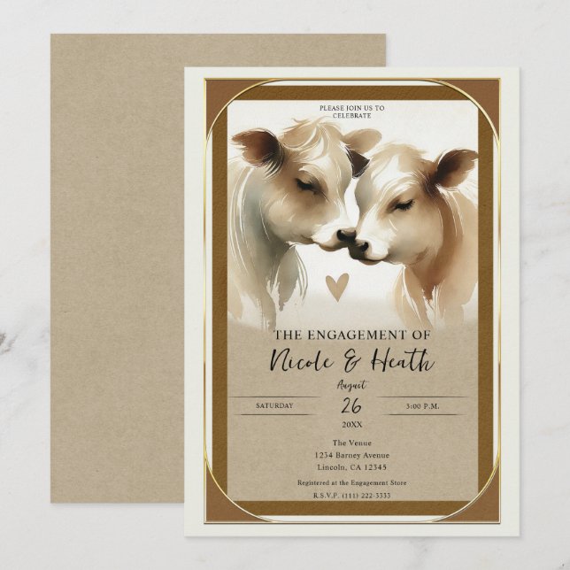 Convites Casamento Rústico de Vaca Amor Marrom Creme (Frente/Verso)
