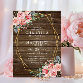 Convites Casamento Rústico Dourado com Floral Rosa em Aquar