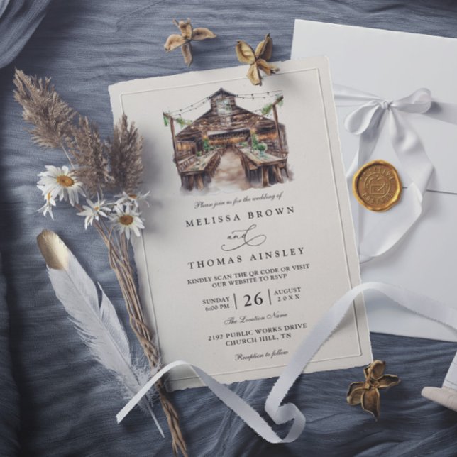 Convites Casamento Rústico Elegante com Código QR de Aquare (Criador carregado)