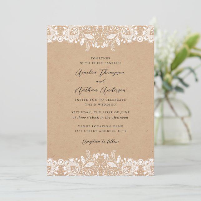 Convites Casamento Rústico Elegante em Renda (Em pé/Frente)