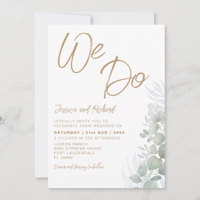 Convites Casamento Rústico em Aquarela com Eucalipto em Ver (Frente)