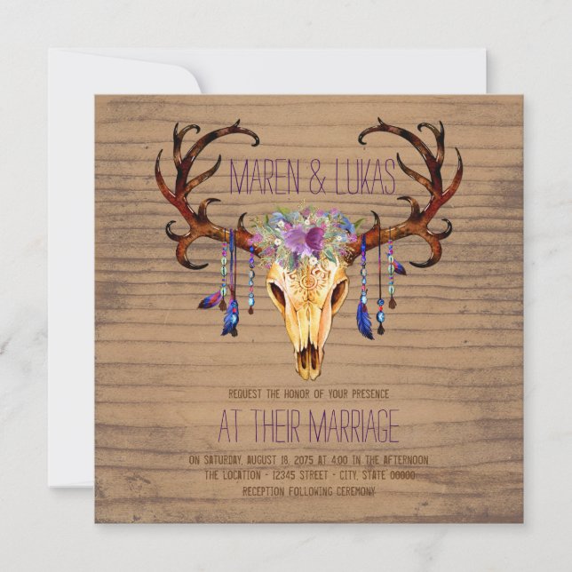Convites Casamento Rústico em Aquarela com Galhada de Veado (Frente)