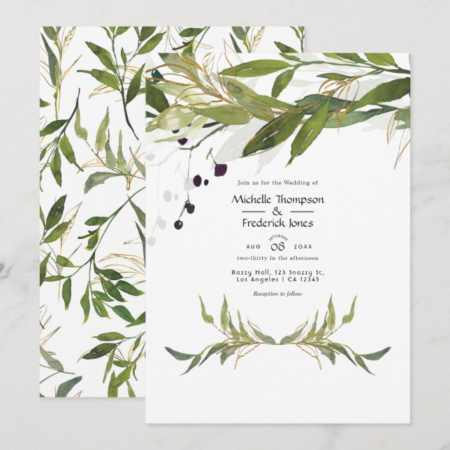 Convites Casamento Rústico em Celeiro com Vegetação em Aqua (Frente/Verso)