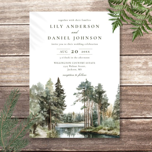 Convites Casamento Rústico em Floresta de Madeira à Beira d (Rustic Watercolor Lake Forest Woodland Wedding Invitation)