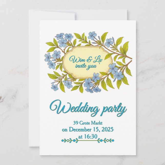 Convites Casamento rústico em linho azul em estilo floral  (Verso)