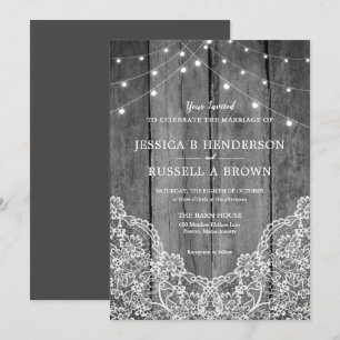 Convites Casamento Rustico em Madeira com Luzes e Renda Pre
