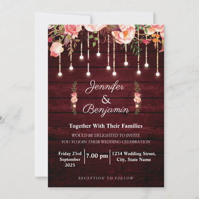 Convites Casamento Rústico em Madeira Marrom Floral (Frente)